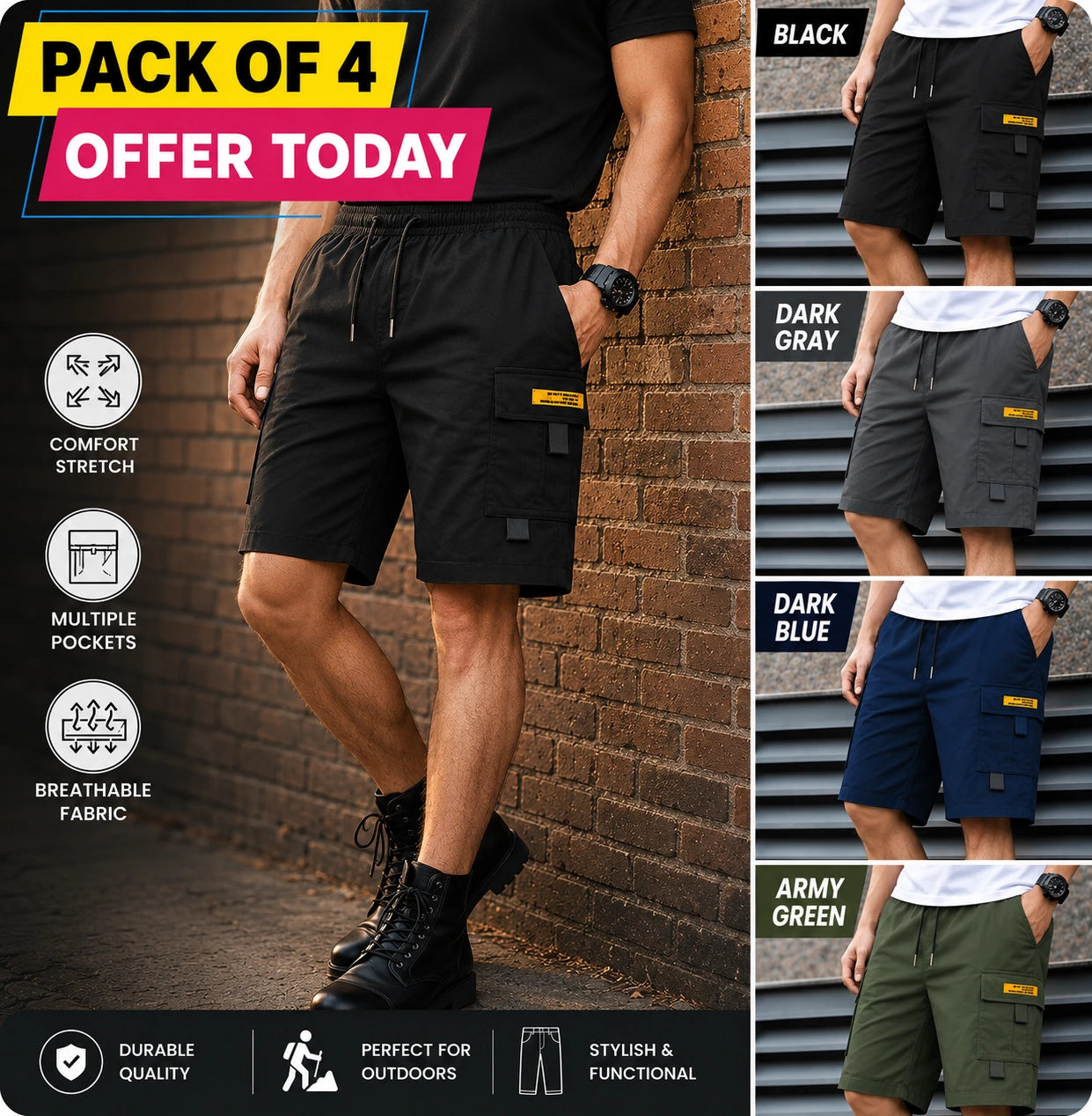 Pack of 4 Offer 😍 Men’s Premium-Capri Cargo Pants | Black, Grey, Blue & Green