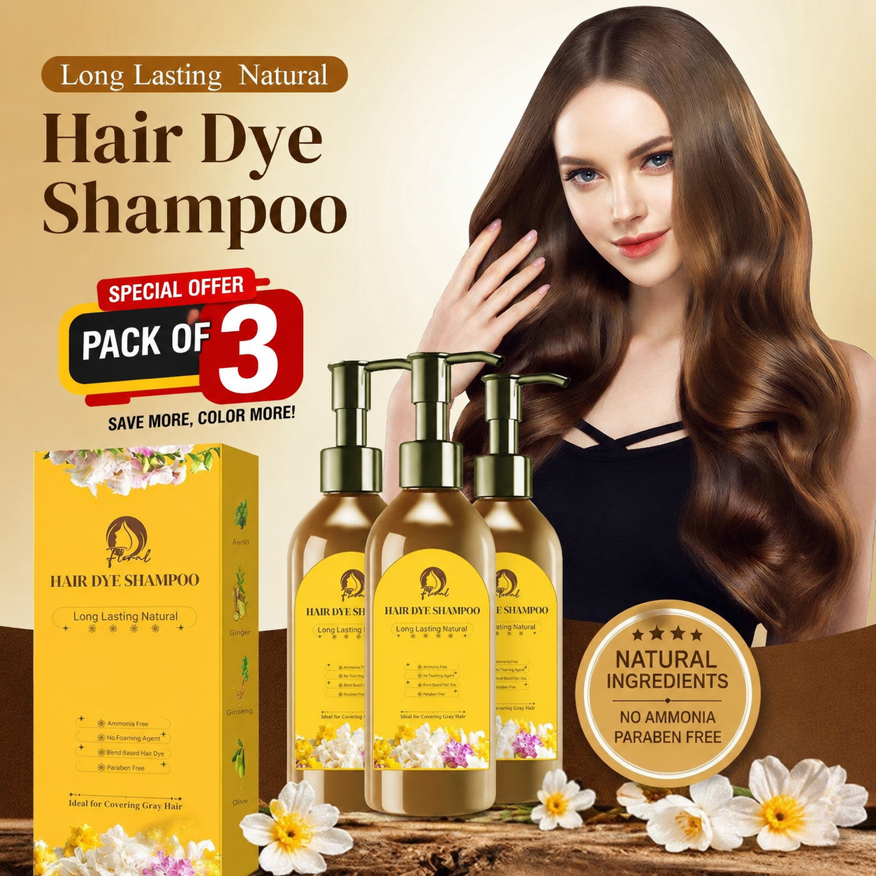 Pack of 3 😍 Natural Plant-Based Hair Color Dye Shampoo